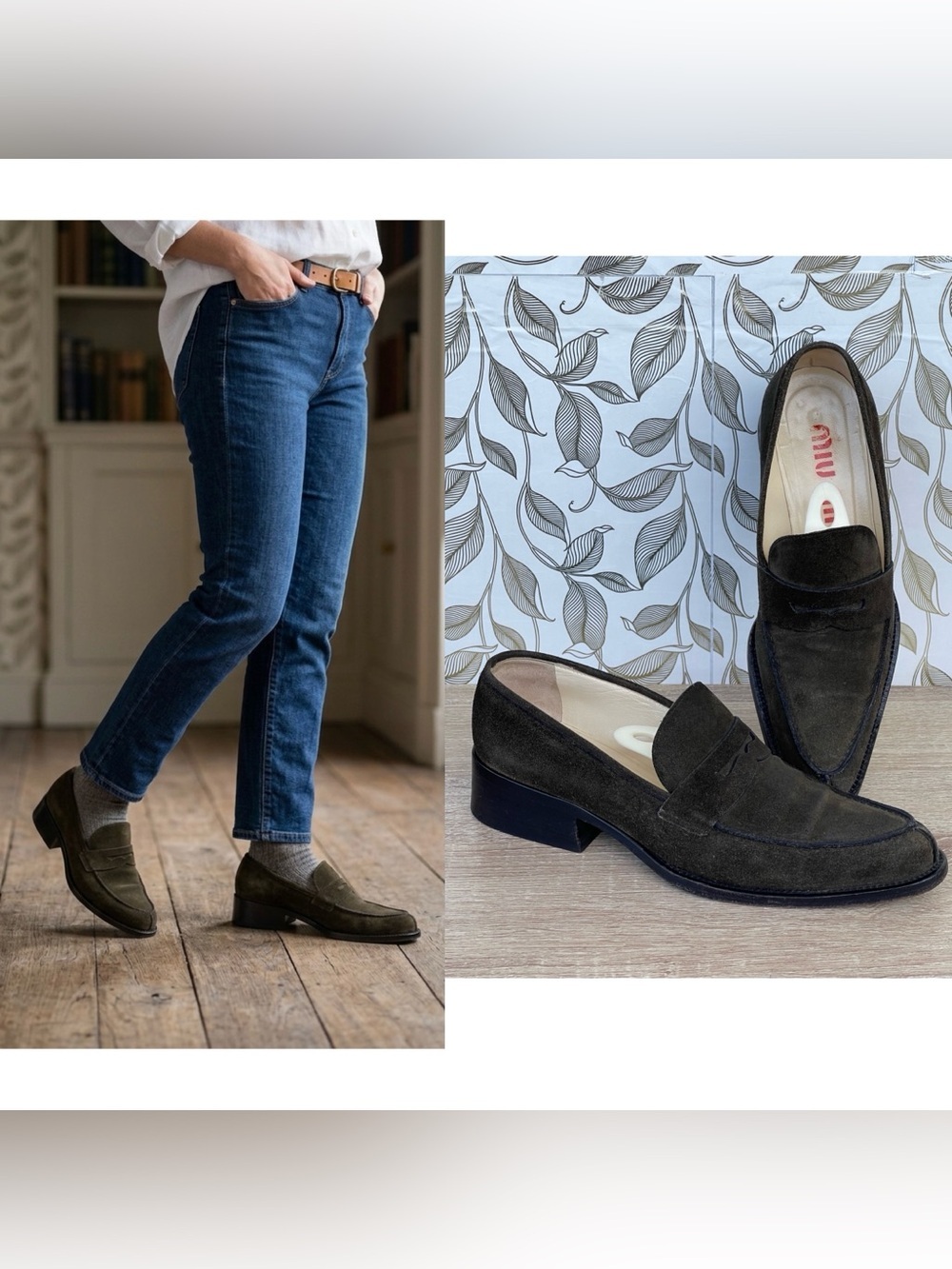 Miu Miu Vintage Olive Suede Penny Loafers IT 38.5 Academic It-Girl Grunge Core